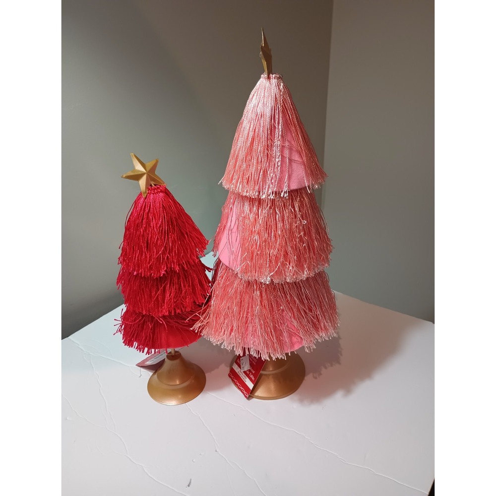 Ashland Christmas Berry Jolly Fringe Tabletop Trees Set of 2 Pink Red Gold Star